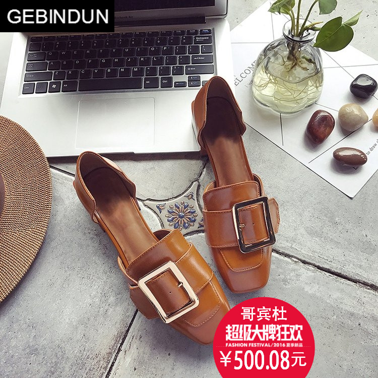 哥宾杜旗舰店GEBINDU轻奢欧美夏季新款漆皮方头金属扣中空高跟鞋女粗跟复古舒1