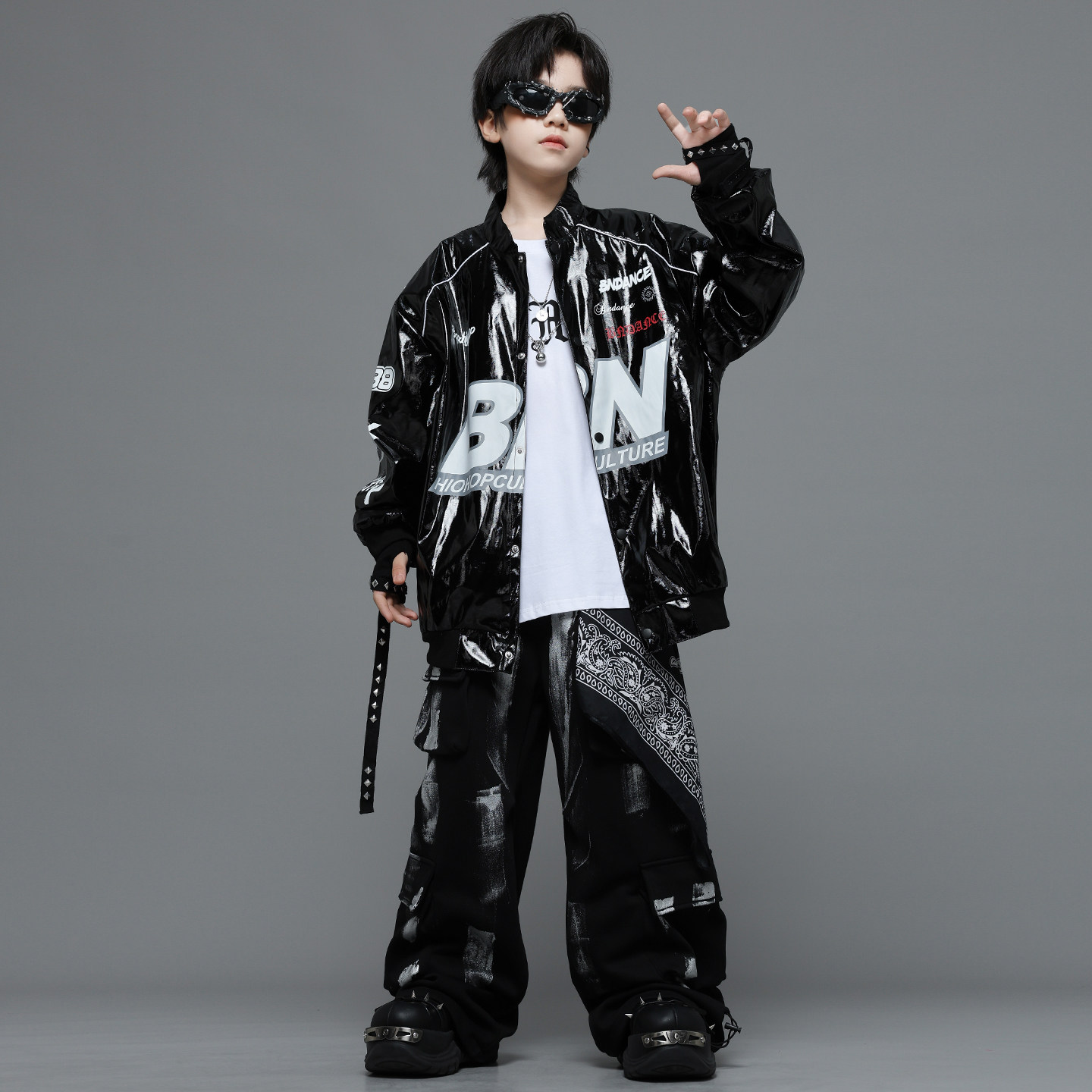 儿童街舞潮服少儿架子鼓演出服女童爵士服装男童嘻哈美式亮皮外套,淘宝优惠券,粉丝福利购,淘宝优惠卷