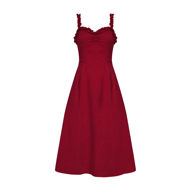 巷里复古红色吊带连衣裙法式赫本性感修身显瘦过膝气质小礼服长裙