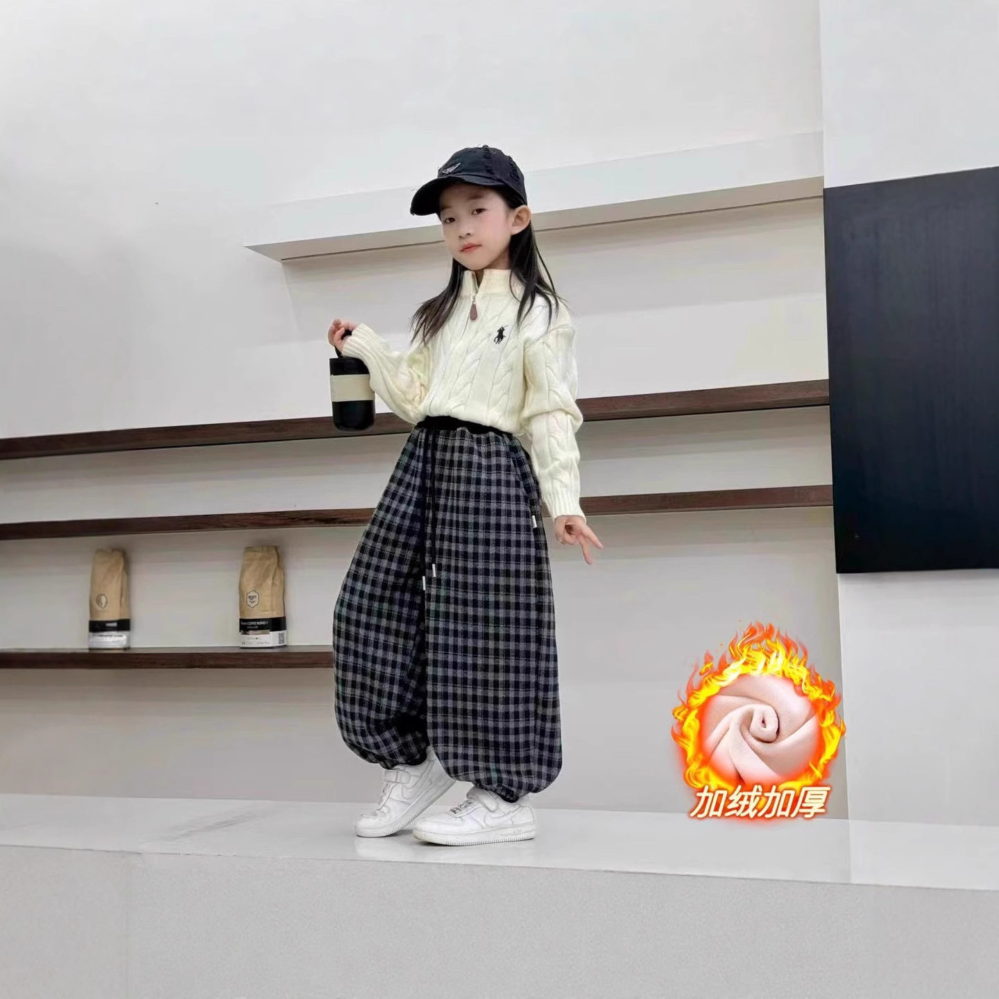 儿童2025款冬季新款男女童拼腰格子保暖休闲韩版束口长裤保暖裤子,淘宝优惠券,粉丝福利购,淘宝优惠卷