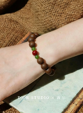 原创天然和田玉碧玉朱砂手串天年香古方合香珠手串国风新中式手串