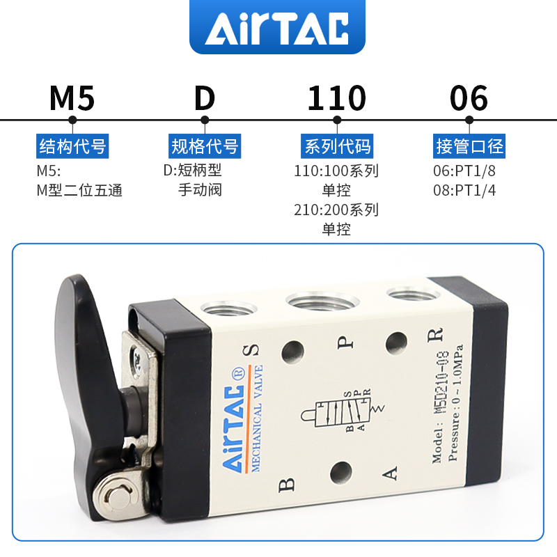 airtac亚德客机械阀M5D110/210-08/06短柄型控制阀二位五通手动阀 - 图0