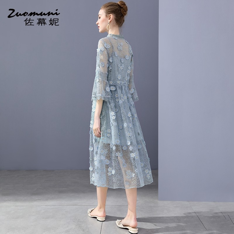 佐幕妮v领蓝色刺绣连衣裙女11450 佐幕妮连衣裙