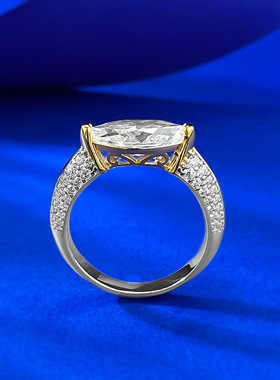 S925银欧美跨境款6*12mm马眼白钻电分金款戒指环ins风