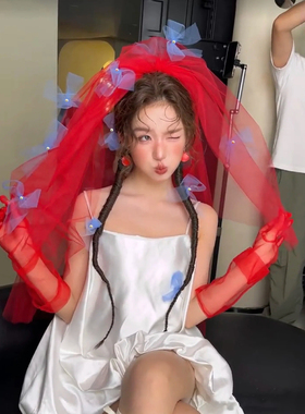 红色长拖尾新娘结婚主婚蕾丝头纱