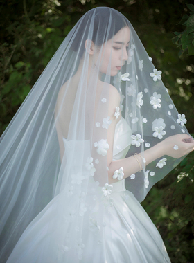 长款拖尾花瓣超仙写真拍照头纱