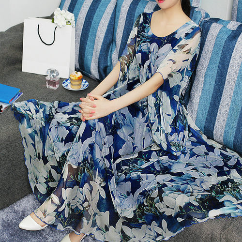 2026新款气质长裙夏季连衣裙度假碎花雪纺高端精致新中式女装大码 - 图1