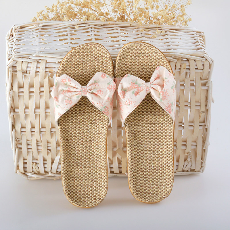 蝴蝶结亚麻拖鞋女士居家用夏天室内四季通用防滑软底木地板凉拖鞋,淘宝优惠券,粉丝福利购,淘宝优惠卷