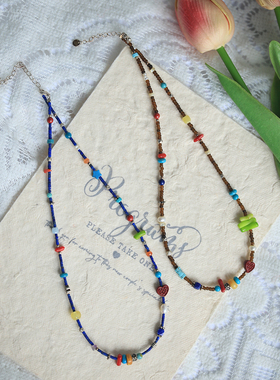 复古风老青金石多宝琉璃串珠项链