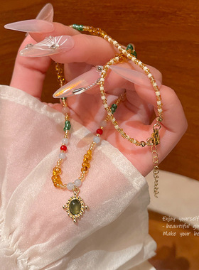 新中式复古民族风彩色串珠项链轻奢小众百搭气质高级感锁骨链颈链