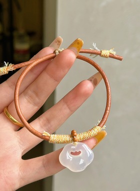 新中式天然玛瑙祥云手圈可调节韩国绒编织古风玉石细条少女小众