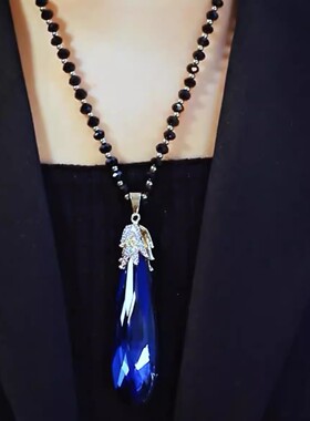 秋冬长款百搭蓝色水晶毛衣链网红时尚民族风吊坠气质优雅大气项链