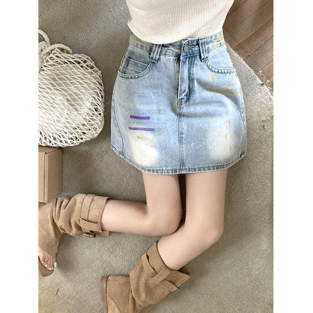 Old graffiti denim short skirt for women summer new niche high-waist slim versatile hip-covering A-line skirt KX66617