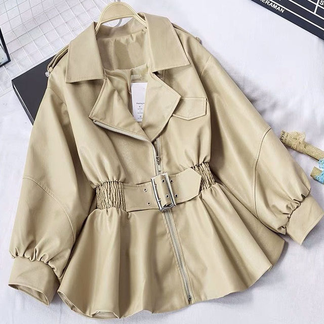 Lotus leaf lapel waist PU leather jacket for women Korean version 2025 autumn new style motorcycle leather lantern sleeve slim jacket
