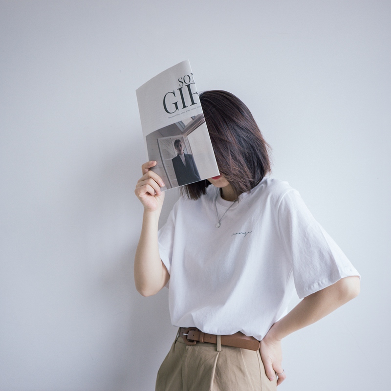 2022夏季薄新款纯棉短袖宽松墨绿色中性字母简约通勤印花T恤女INS