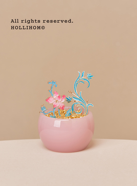 逅里《粉莲生》黄铜莲花枝聚宝盆 入户玄关装饰 粉色文房清供摆件