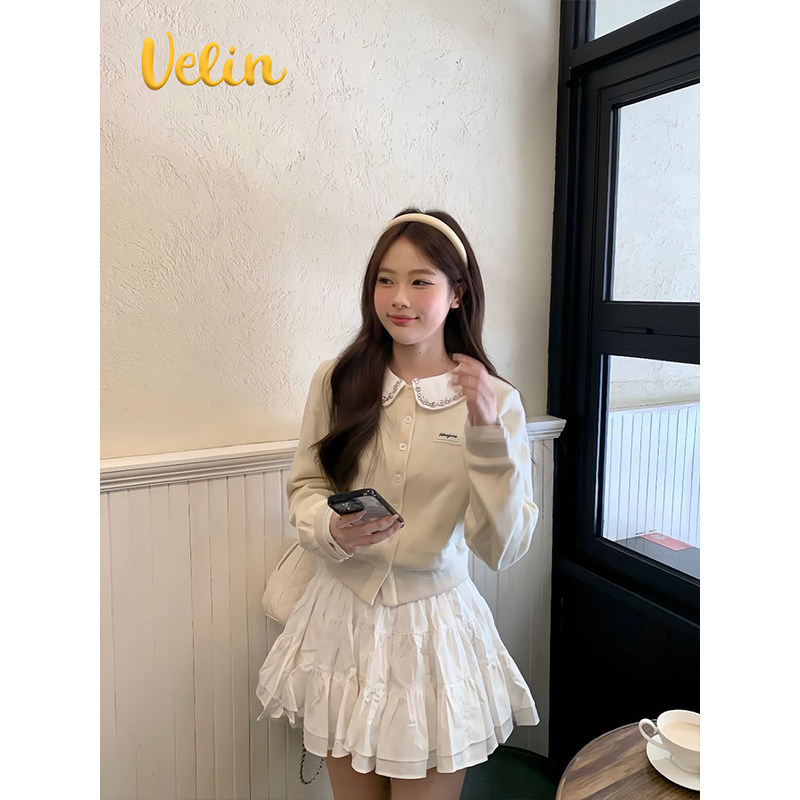 Velin 韩系甜美少女感奶白色开衫娃娃领钉钻设计减龄元气简约俏皮,淘宝优惠券,粉丝福利购,淘宝优惠卷