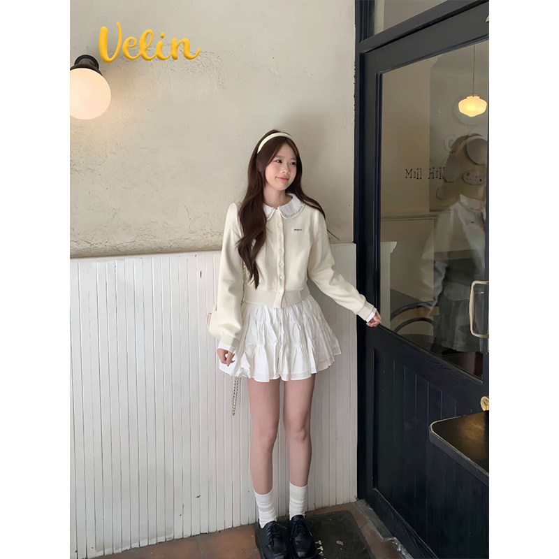 Velin 韩系甜美少女感奶白色开衫娃娃领钉钻设计减龄元气简约俏皮,淘宝优惠券,粉丝福利购,淘宝优惠卷