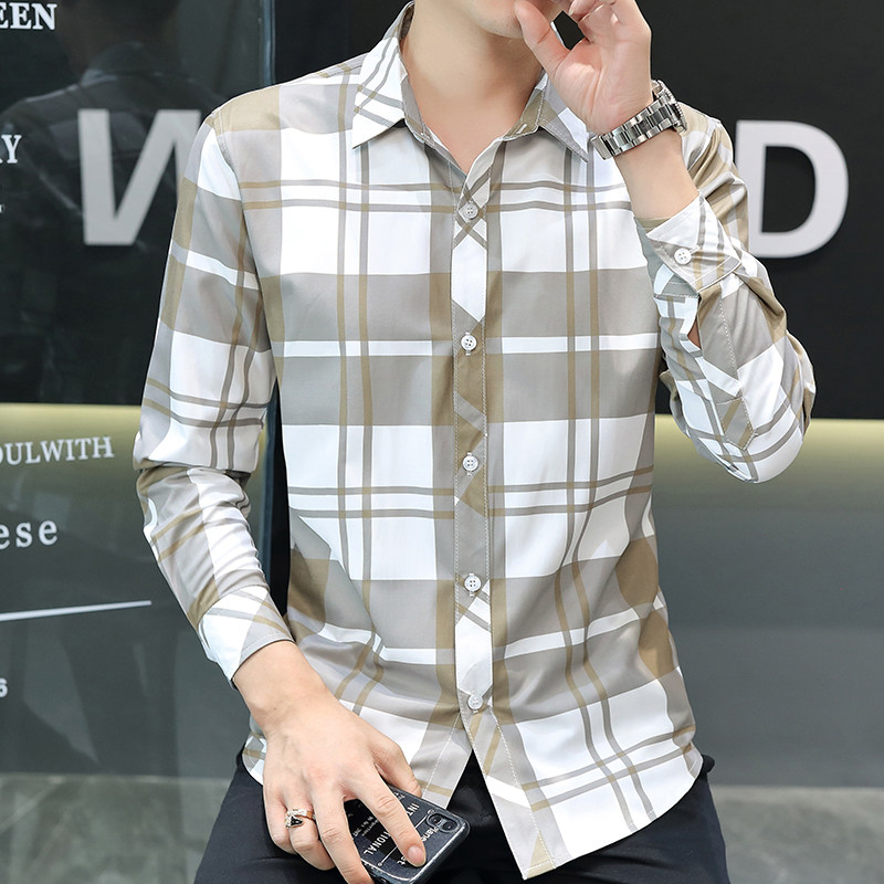 格子衬衫男士款春秋季潮流韩版修身百搭长袖衬衣休闲上装衣服外套,淘宝优惠券,粉丝福利购,淘宝优惠卷