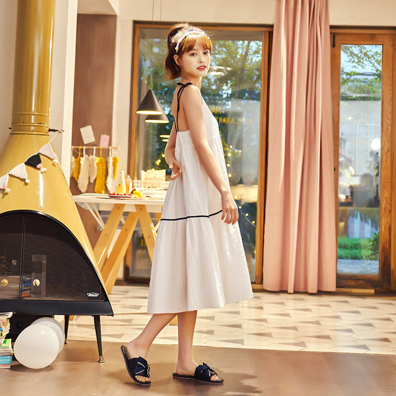 带胸垫夏季纯棉小性感长款过膝睡裙 麦珂曼睡裙