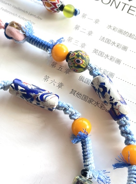 可爱爆炸头腓尼基娃娃蓝白配色古法琉璃长款项链可调节长度