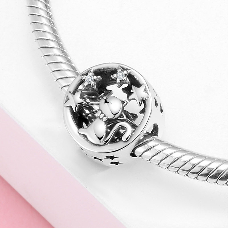 S925纯银珠子创意猫咪望月元素系列串珠吊坠 手链DIY银饰配件散珠,淘宝优惠券,粉丝福利购,淘宝优惠卷