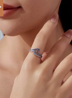 时予原创s925纯银渐变蓝色海浪戒指优雅休闲风双层波浪戒指手饰