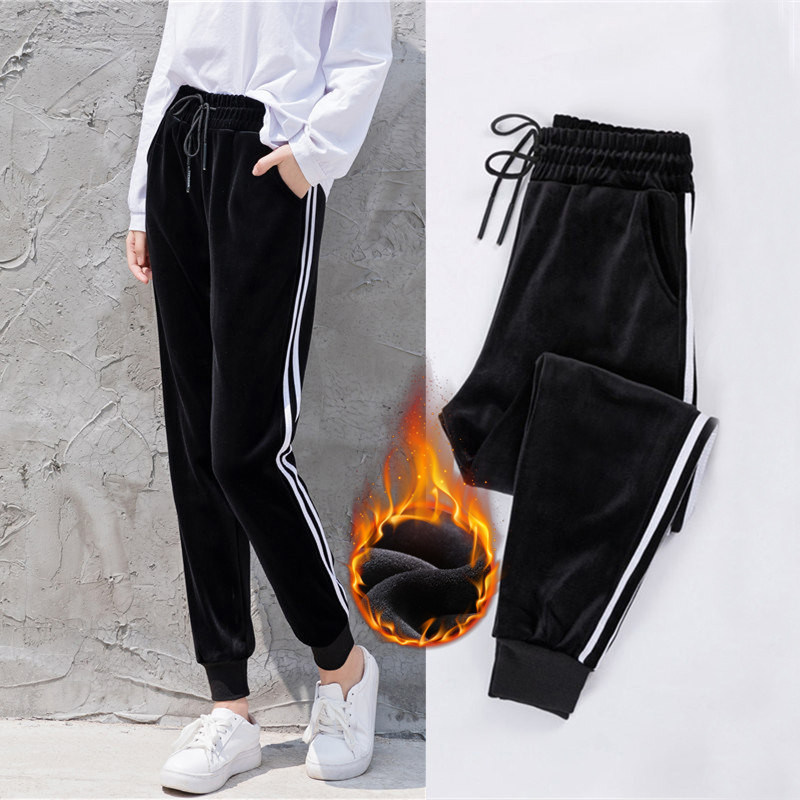 金丝绒加绒加厚运动裤女秋冬韩版高腰宽松束脚学生卫裤休闲哈伦裤