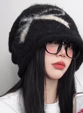 大头围拉毛蝴蝶结女保暖护耳针织堆堆帽慵懒冷帽秋冬显脸小大头围