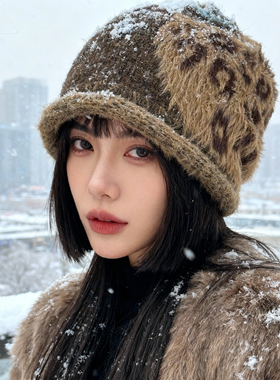 韩版豹纹堆堆素颜神器黑色百搭大头围针织帽女春秋显脸小包头冷帽