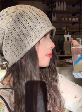 针织条纹薄款堆堆帽女春夏编织百搭显脸小冷帽宽松大头围套头帽子