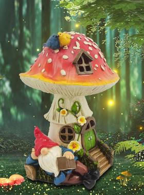精灵小矮人蘑菇屋创意摆件树脂工艺品太阳能灯家居庭院装饰品
