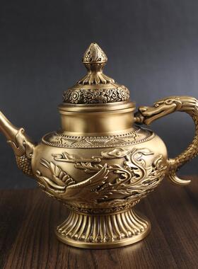 黄铜龙凤茶壶家居工艺品金属摆件办公室桌面铜器纯铜酒壶复古铜器