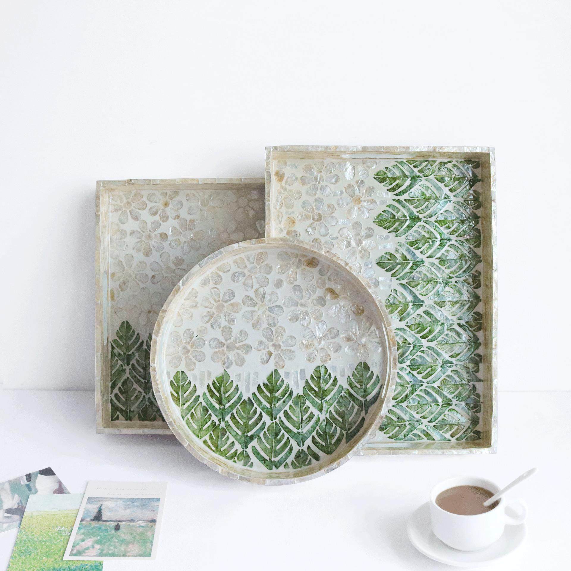 北欧ins彩贝壳收纳托盘家用方形茶盘木制桌面样板间置物盘,淘宝优惠券,粉丝福利购,淘宝优惠卷