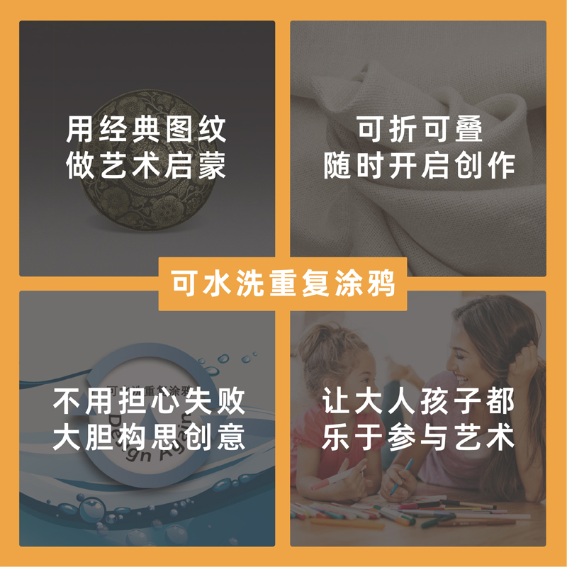 陕历博文创重复涂鸦布可水洗纸巾包杯垫涂色绘画套装儿童生日礼物 - 图3