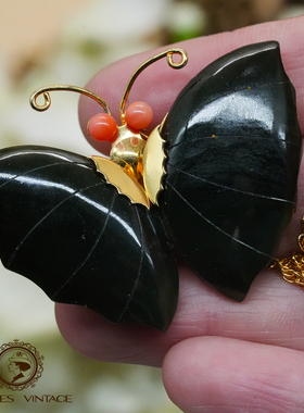 Vintage中古首饰80年代天然墨绿色玉石珊瑚手工蝴蝶胸针吊坠项链