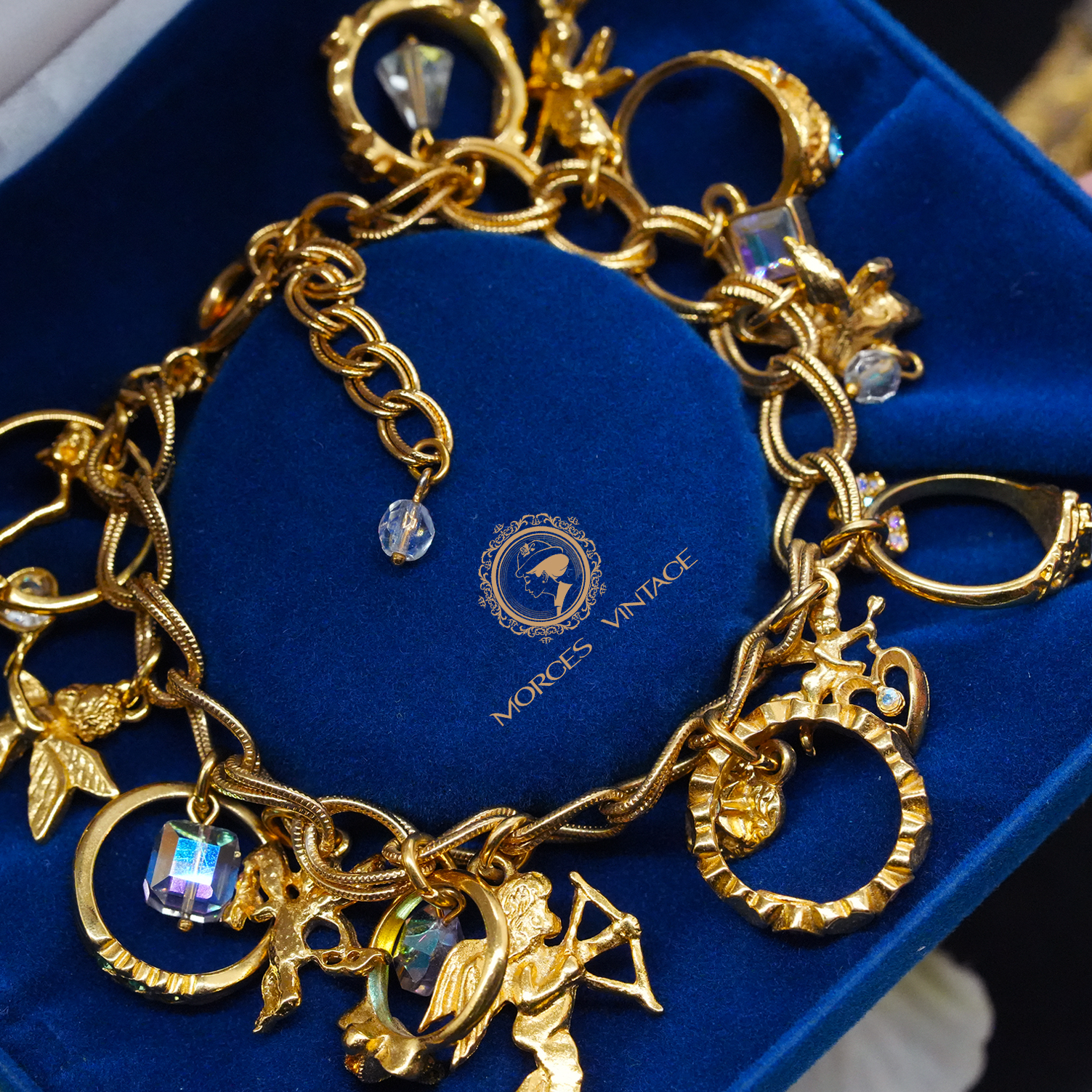 Vintage中古复古董首饰Kirks Folly戒指天使多吊坠手链 - 图1