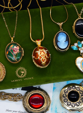 Vintage中古首饰VATICAN BEREBI珐琅珍珠浮雕相片盒像片盒项链