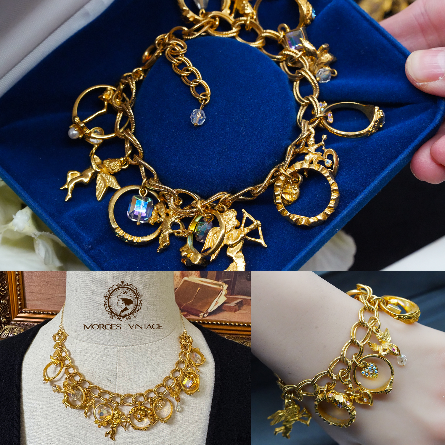 Vintage中古复古董首饰Kirks Folly戒指天使多吊坠手链 - 图3