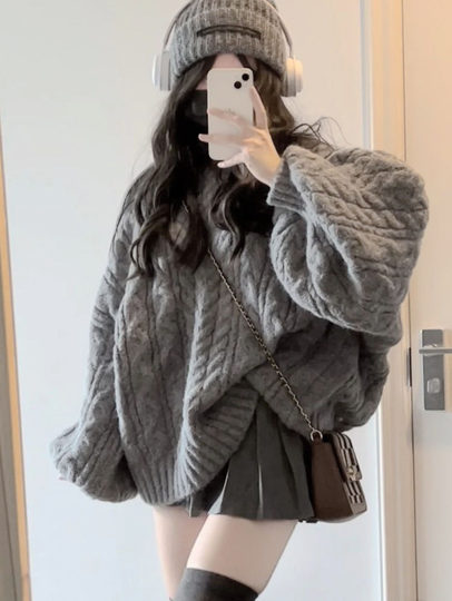 加厚版！高级感V领灰色麻花毛衣女秋装宽松复古灯笼袖针织慵懒风