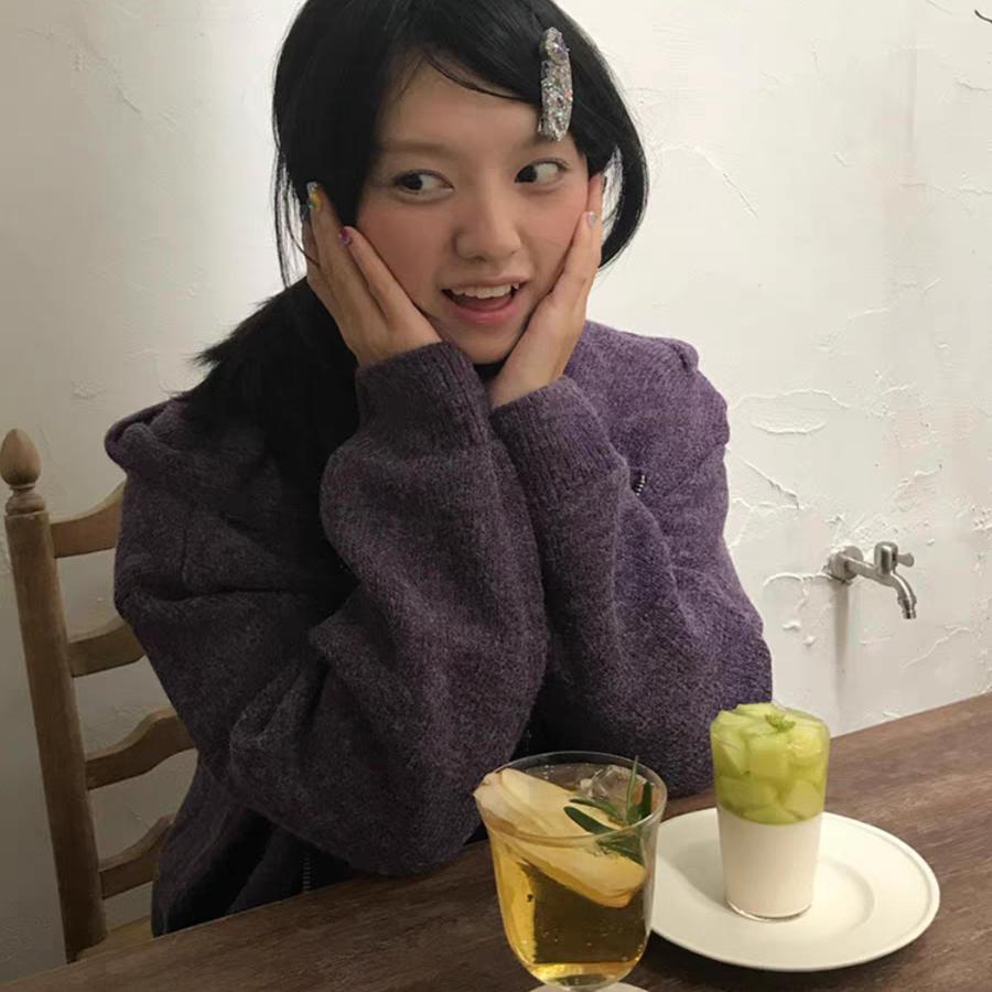 加厚版！紫色连帽拉链毛衣开衫女秋季新款韩版宽松长袖针织衫上衣 - 图2