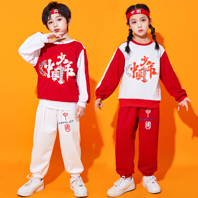 儿童啦啦队演出服中国风班服套装国潮红小学生运动会拉拉队表演服-图0