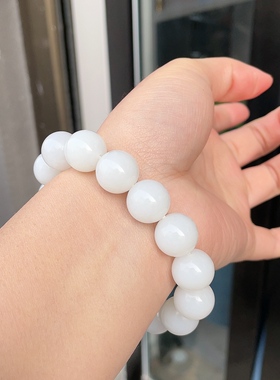 珠圆玉润羊脂手串和田玉山料白玉圆珠手串脂粉浑厚油性十足14mm