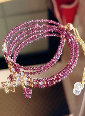 14k包金 天然酒红色 石榴石切面手链 三圈多层手链手串 批发