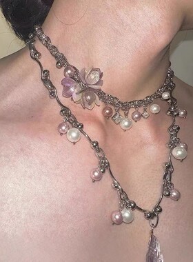 甜美辣妹ins风少女复古蕾丝花朵不规则珍珠吊坠项链choker锁骨链