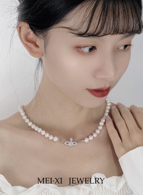 西太后土星纯银项链强光正圆透粉珍珠气质个性时尚小众欧美锁骨链