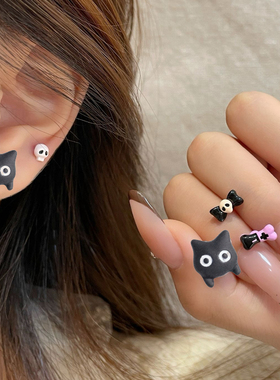 喵喵酱 卡通黑猫唇钉医用钛钢防过敏耳骨钉内螺纹耳蜗钉穿刺饰品