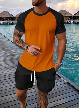 men's shorts男士插肩圆领短袖上衣+工装短裤两件套装休闲百搭速