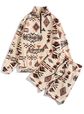 men's hoodie tops shorts新款立领长袖图案加厚半拉链卫衣短裤男