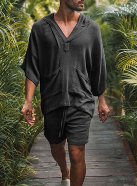 men's hooded tshirt shorts欧美男棉宽松休闲套装度假男装运动服